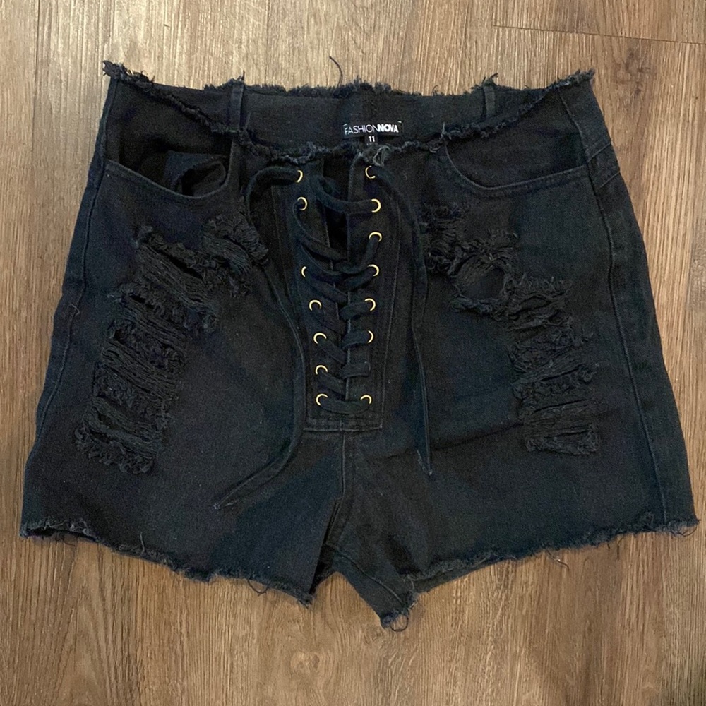 Fashion Nova Lace Up Distressed Jean Shorts